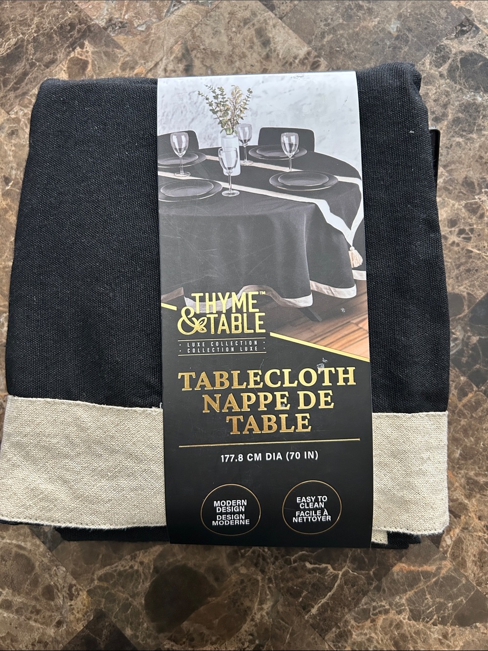 NEW 🆕 Thyme & Table Black Round Tablecloth with Natural Border 70”